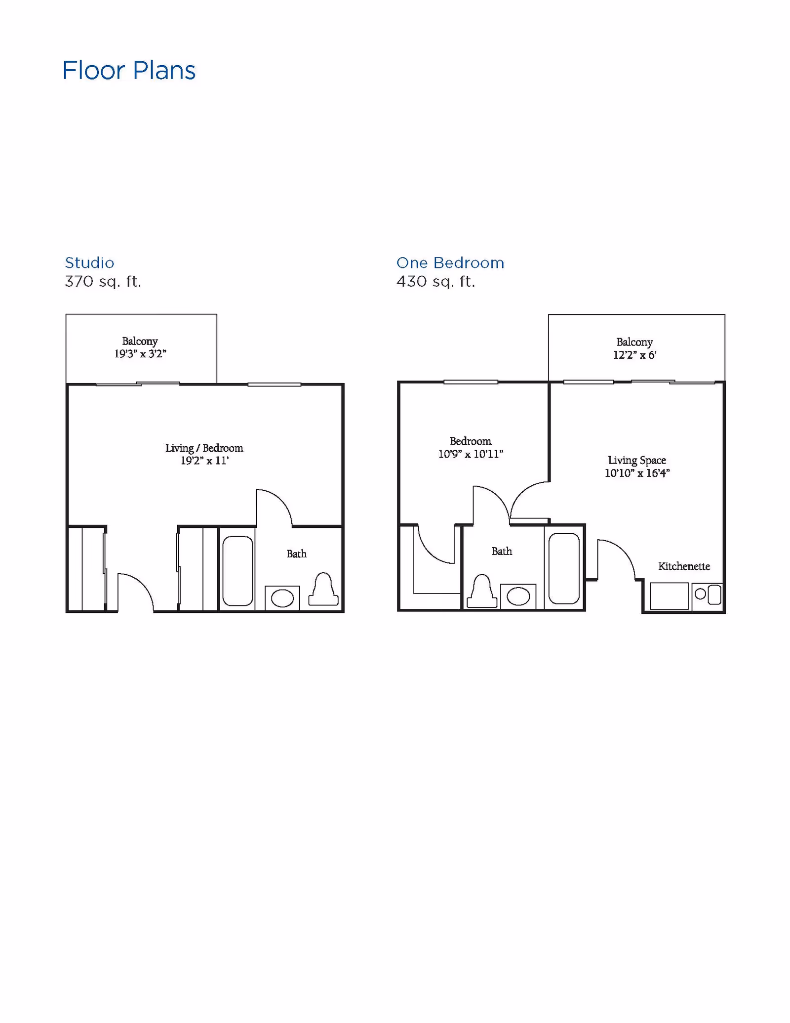Floor plans for two apartment types at Brookdale South Bay. The Studio apartment is 370 sq. ft. with a living/bedroom area, bath, and balcony. The One Bedroom apartment is 430 sq. ft. with a bedroom, bath, living space, kitchenette, and balcony.