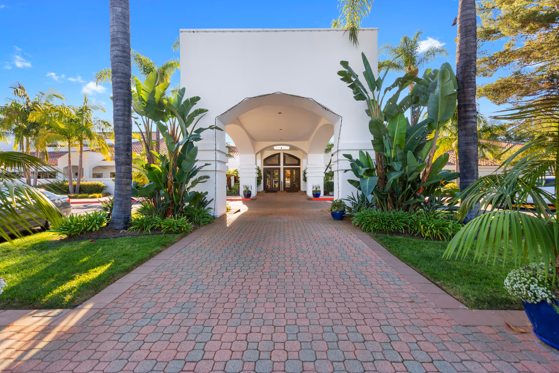 Paved driveway leading to a white Mediterranean-style entrance with a covered archway, palm trees, and landscaped greenery.