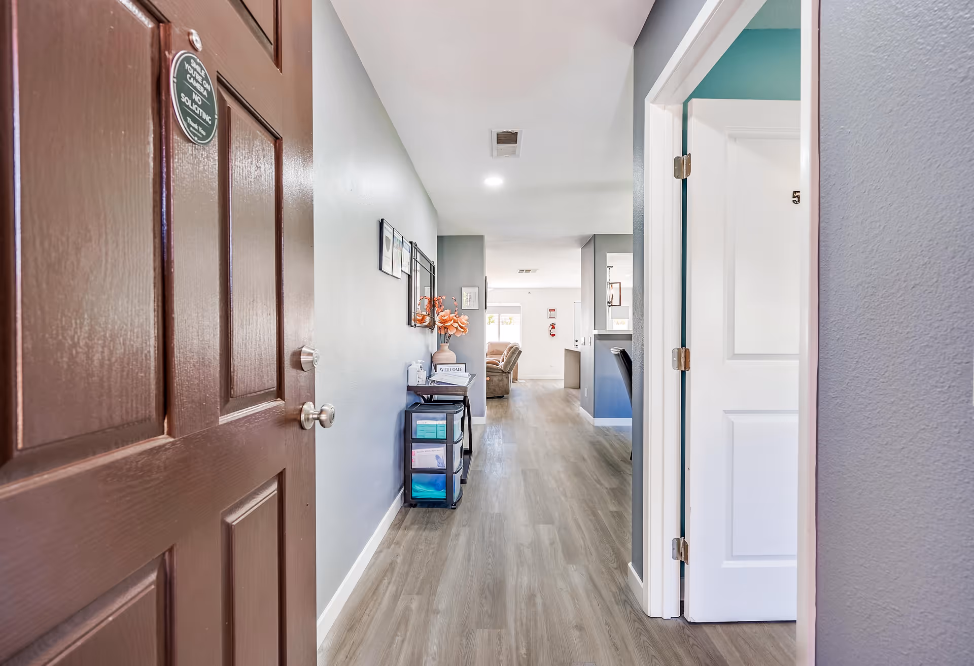 View through an open front door into a bright interior hallway with wood-look floors, a small console table and seating visible in the distance.