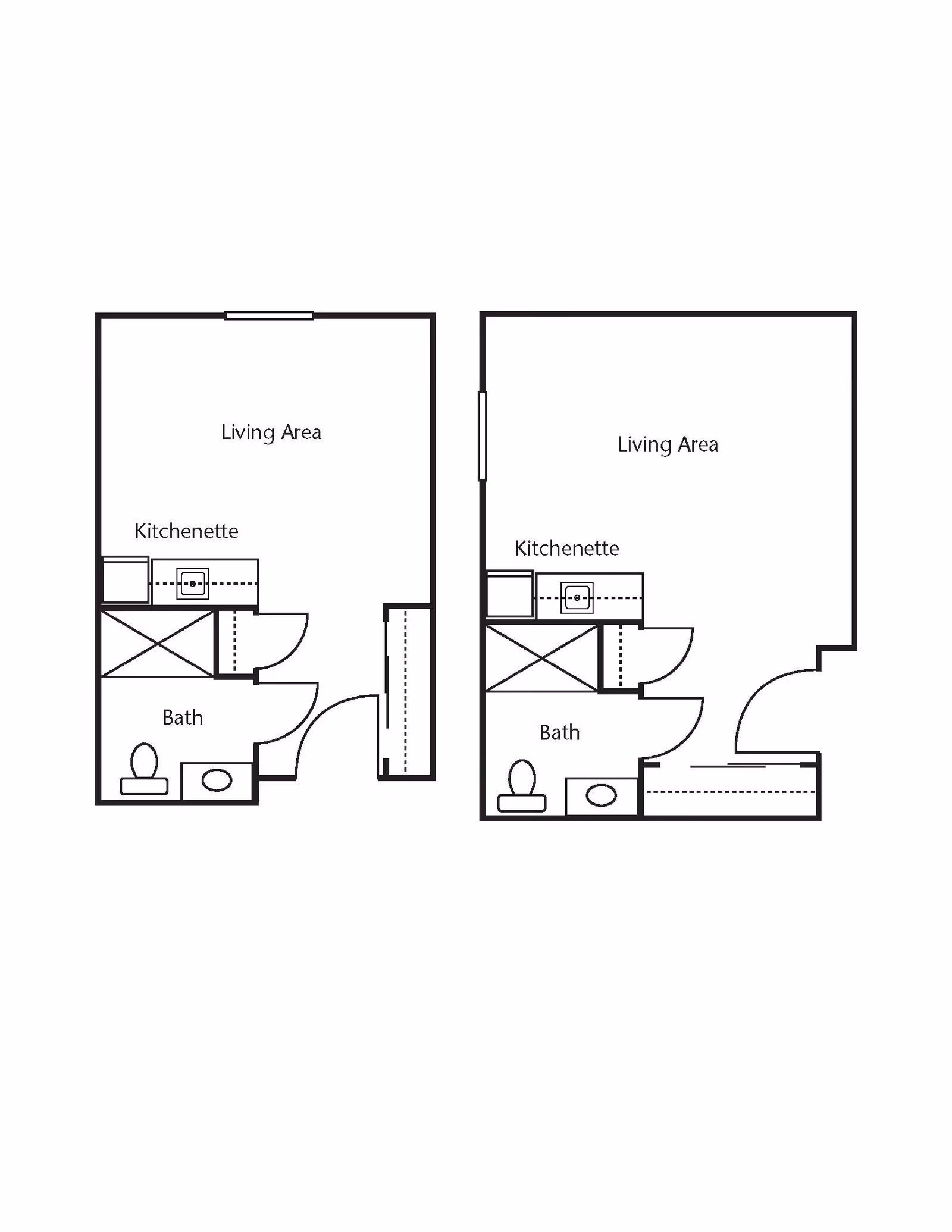Architectural floor plan showing two studio apartment layouts, each with a living area, kitchenette, and bathroom.
