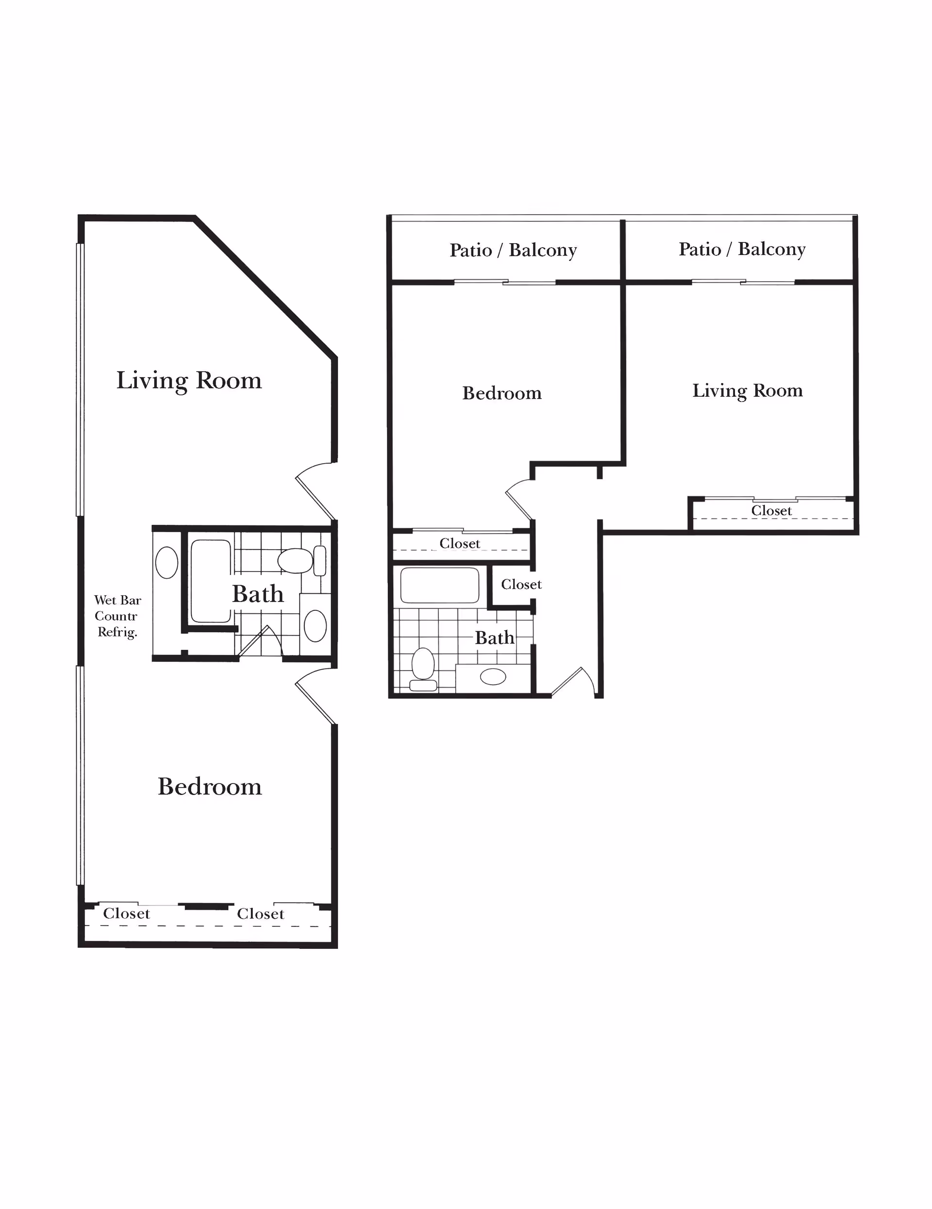 Architectural floor plan showing two apartment layouts each with a living room, bedroom, bathroom, closets, and patio or balcony areas. One layout includes a wet bar and counter refrigerator.