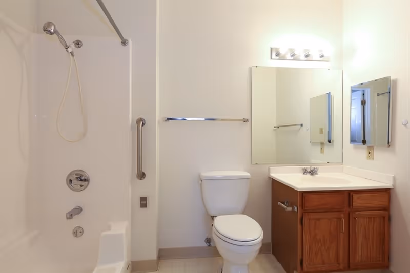 Bright bathroom featuring a bathtub/shower with grab bar, a toilet, and a vanity with sink and mirror.