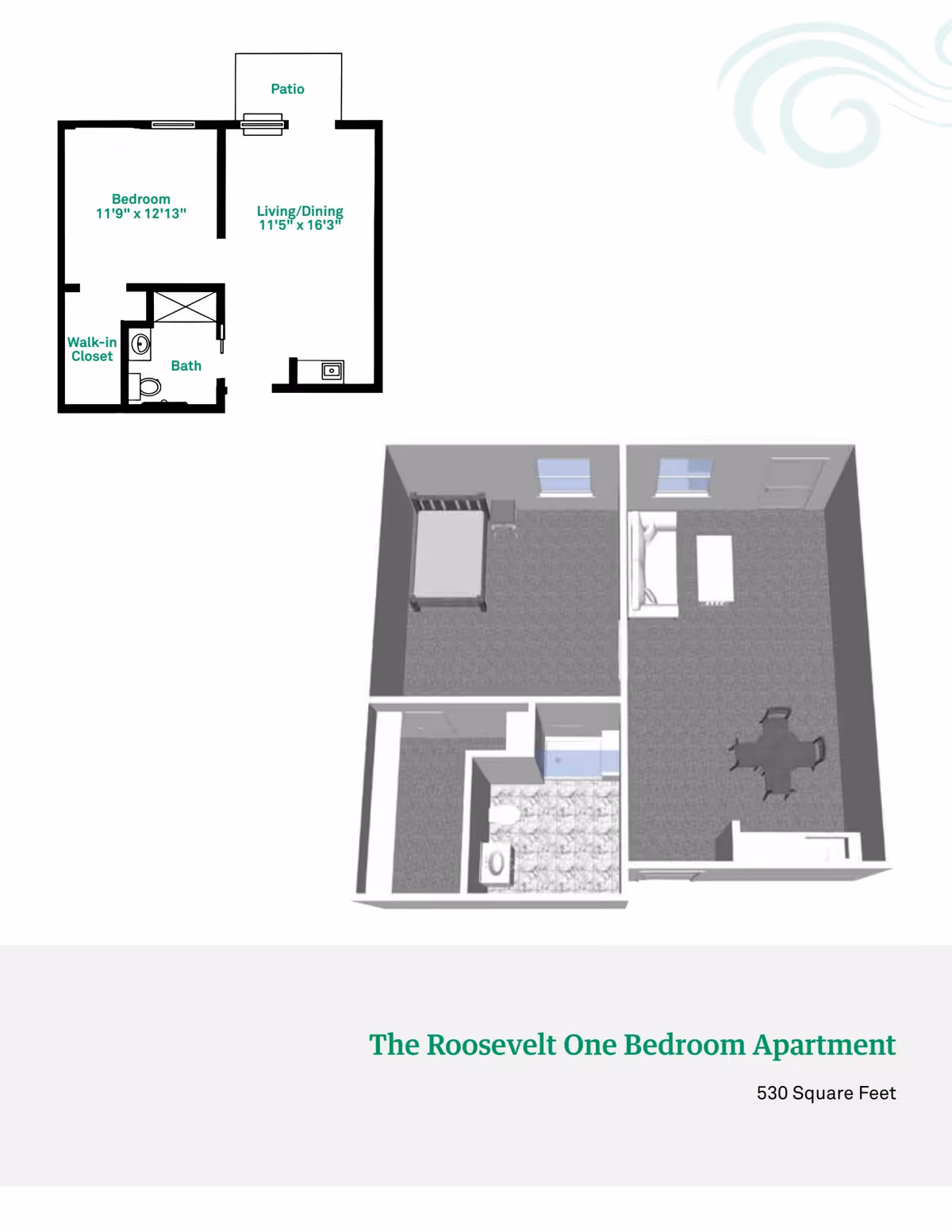 Floor plan and 3D layout of The Roosevelt One Bedroom Apartment at Rosegate Commons, showing a bedroom with a bed and nightstand, a living/dining area with a sofa, coffee table, and dining table with chairs, a bathroom with a toilet and shower, a walk-in closet, and a patio. The apartment is 530 square feet.