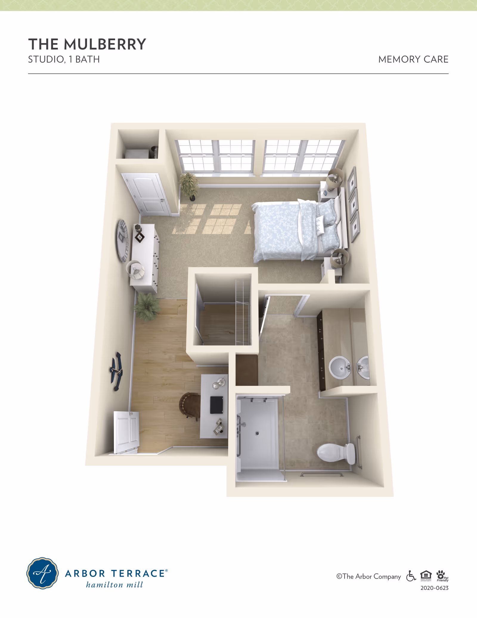 3D floor plan of The Mulberry studio apartment with one bathroom at Arbor Terrace Hamilton Mill. The layout includes a bedroom area with a bed and two nightstands, a closet, a bathroom with a shower, toilet, and double sink vanity, and an entry area with a desk and chair. The bedroom has three large windows letting in natural light.