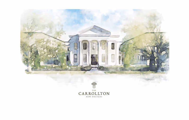 Watercolor-style illustration of a grand columned mansion flanked by trees with the text "The Carrollton New Orleans" beneath.
