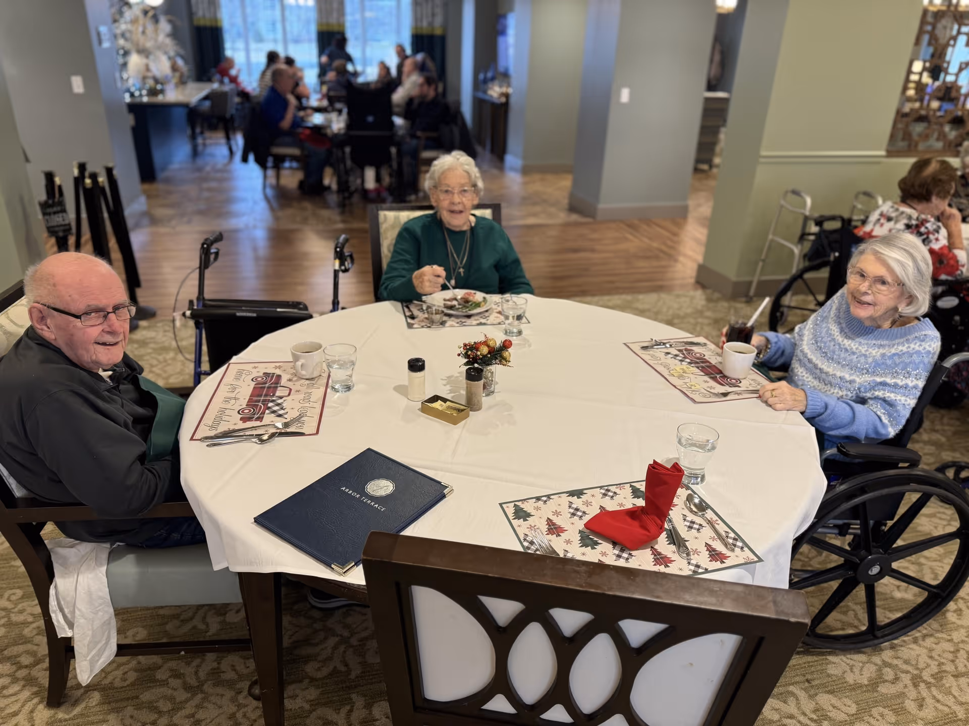 Three elderly residents sit around a round dining table in a communal dining room.