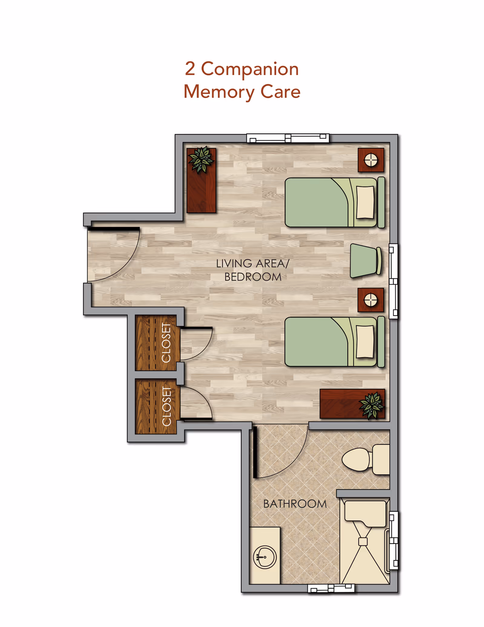 Floor plan of a 2 Companion Memory Care unit showing a combined living area and bedroom with two beds, two closets, a chair, and two small tables with plants. The bathroom includes a sink, toilet, and shower.