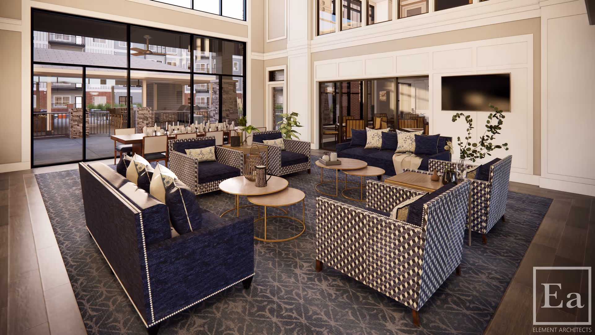A spacious and elegant living room area with high ceilings and large windows. The room features multiple navy blue sofas and patterned armchairs arranged around several round coffee tables. There are decorative pillows on the seating, plants, and a flat-screen TV mounted on the wall. Through the large glass doors, an outdoor patio area with additional seating and stone pillars is visible.