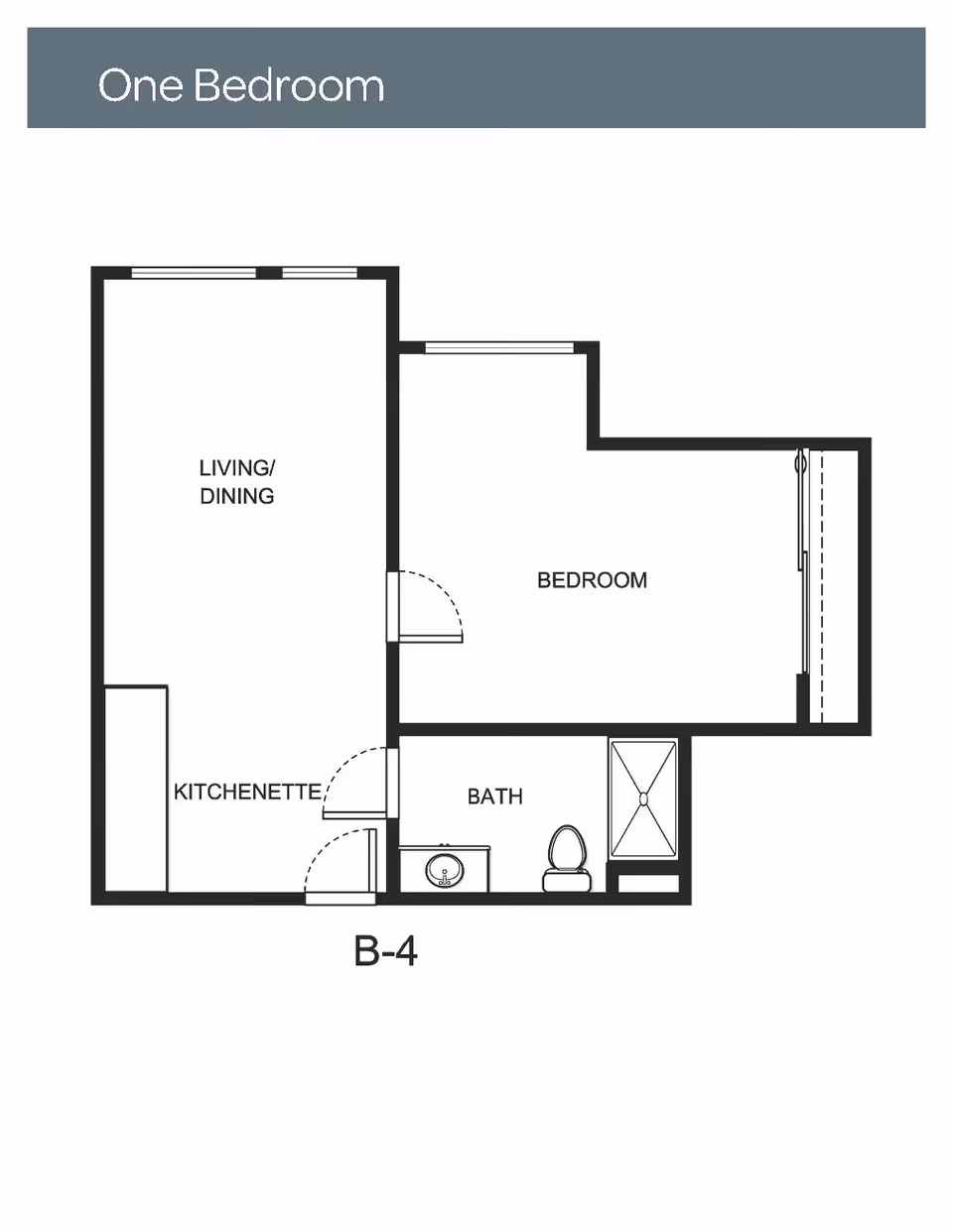 Floor plan labeled One Bedroom showing a layout with a living/dining area, kitchenette, bedroom, and bathroom. The bathroom includes a sink, toilet, and shower. The plan is labeled B-4.