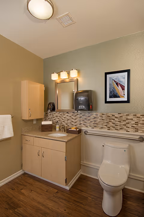 Accessible bathroom with a vanity and sink, toilet with a grab bar, tiled backsplash, wall-mounted soap dispenser and framed art.