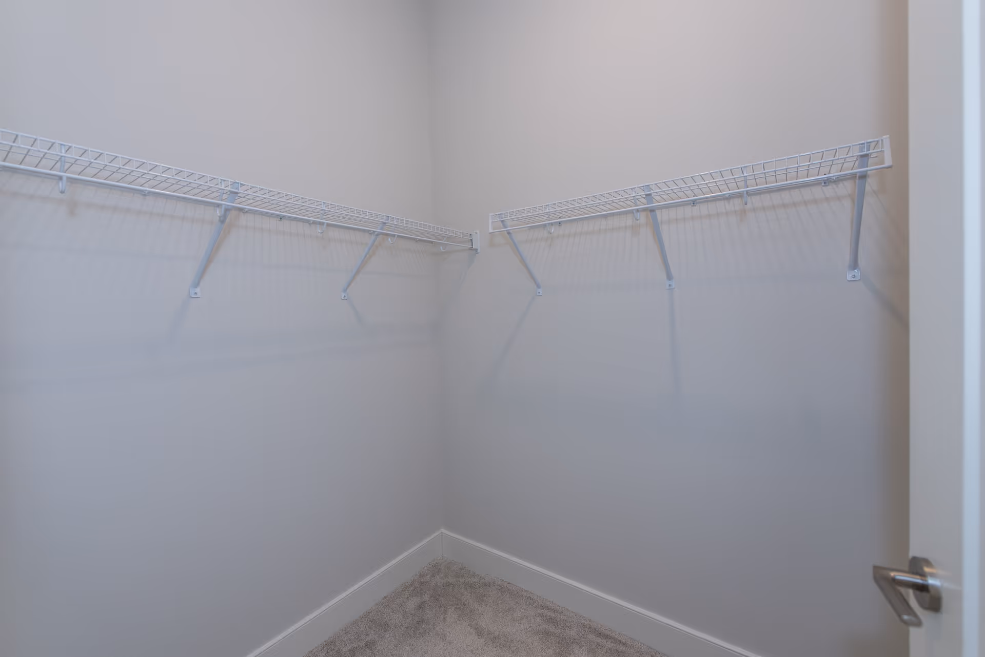 Empty walk-in closet with white wire shelving on two walls and beige carpeted floor, viewed from the doorway.