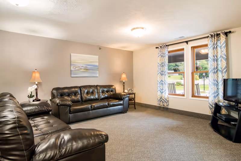 A living room with two black leather sofas, two side tables with lamps, a painting on the wall, two windows with patterned curtains, and a small TV on a black stand.