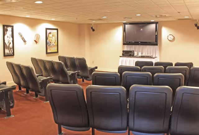 Small screening room with rows of black theater seats facing a wall-mounted TV and media equipment.
