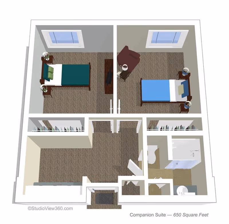 3D floor plan of a companion suite with two bedrooms, each furnished with a bed, nightstands, and lamps. The suite includes a shared bathroom with a shower, toilet, and sink, a closet area, and an entryway. The total area is 650 square feet.