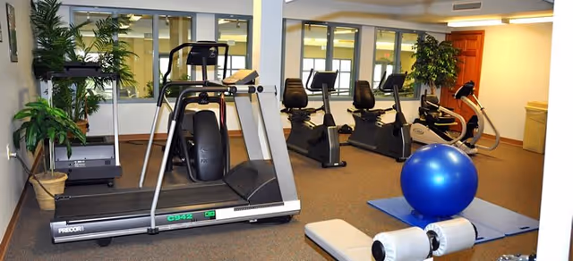 Interior view of a fitness room with exercise equipment including a treadmill, stationary bikes, an elliptical machine, a large blue exercise ball, and yoga mats. There are large windows on one wall and potted plants in the corners.