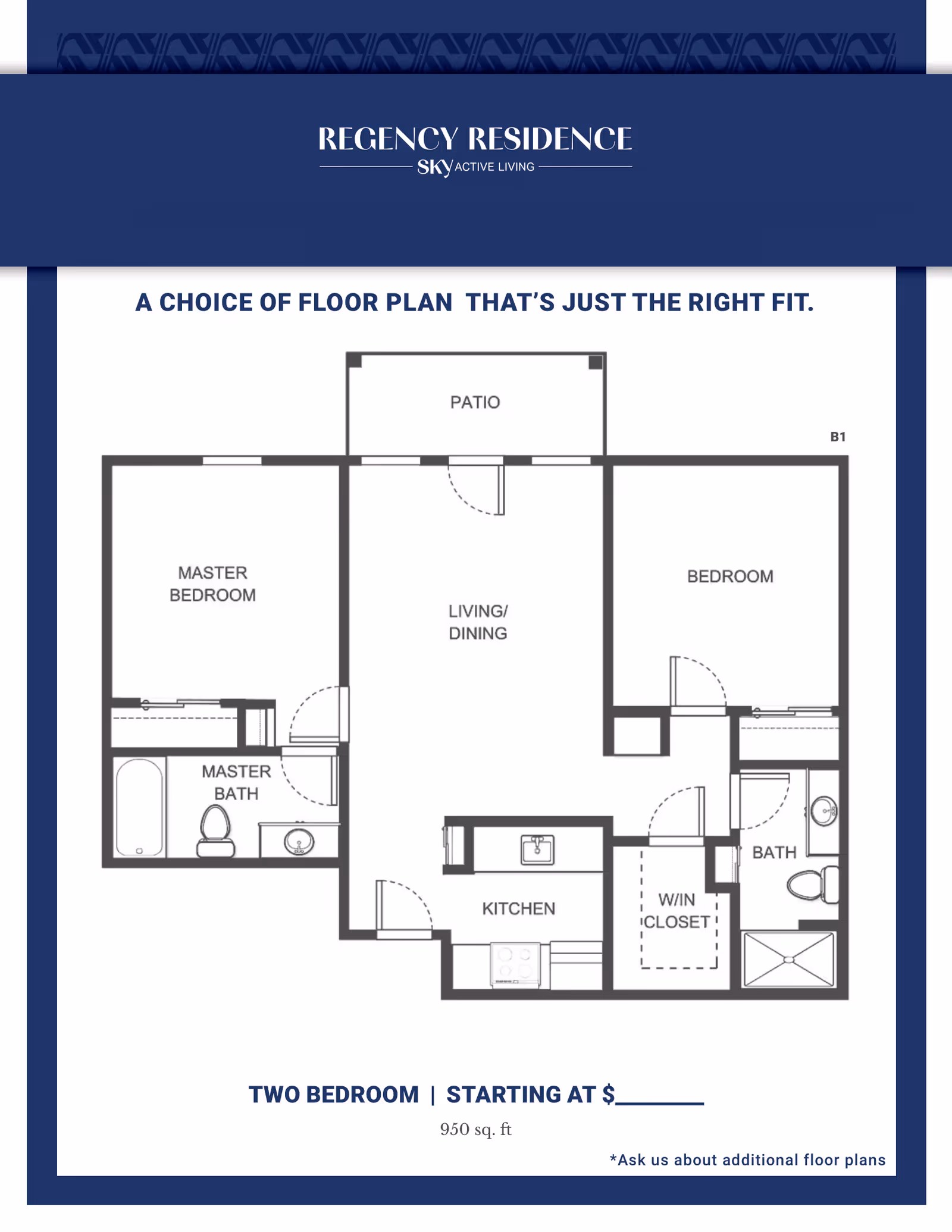 Floor plan of a two-bedroom apartment at Regency Residence by Sky Active Living, showing a master bedroom with master bath, a second bedroom, a second bath, a kitchen, living/dining area, walk-in closet, and a patio. The total area is 950 square feet.