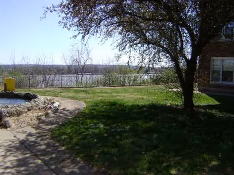 Outdoor grassy yard with a large tree, water view, and brick building on the side.