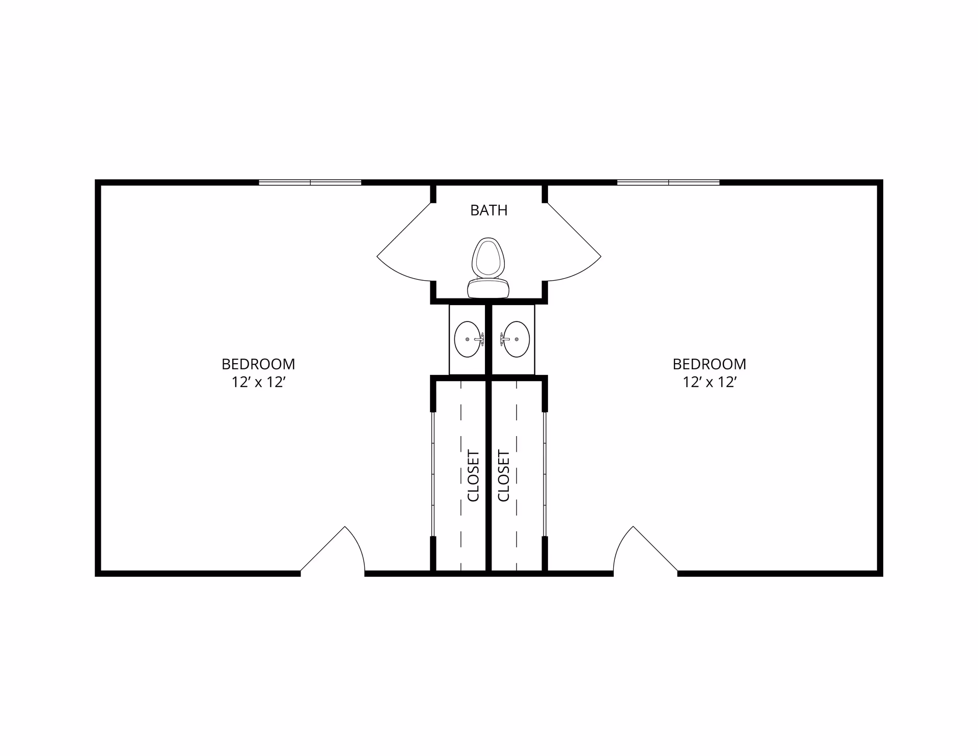 Floor plan showing two 12 by 12 feet bedrooms, each with a closet, and a shared bathroom with two sinks and a toilet between the bedrooms.