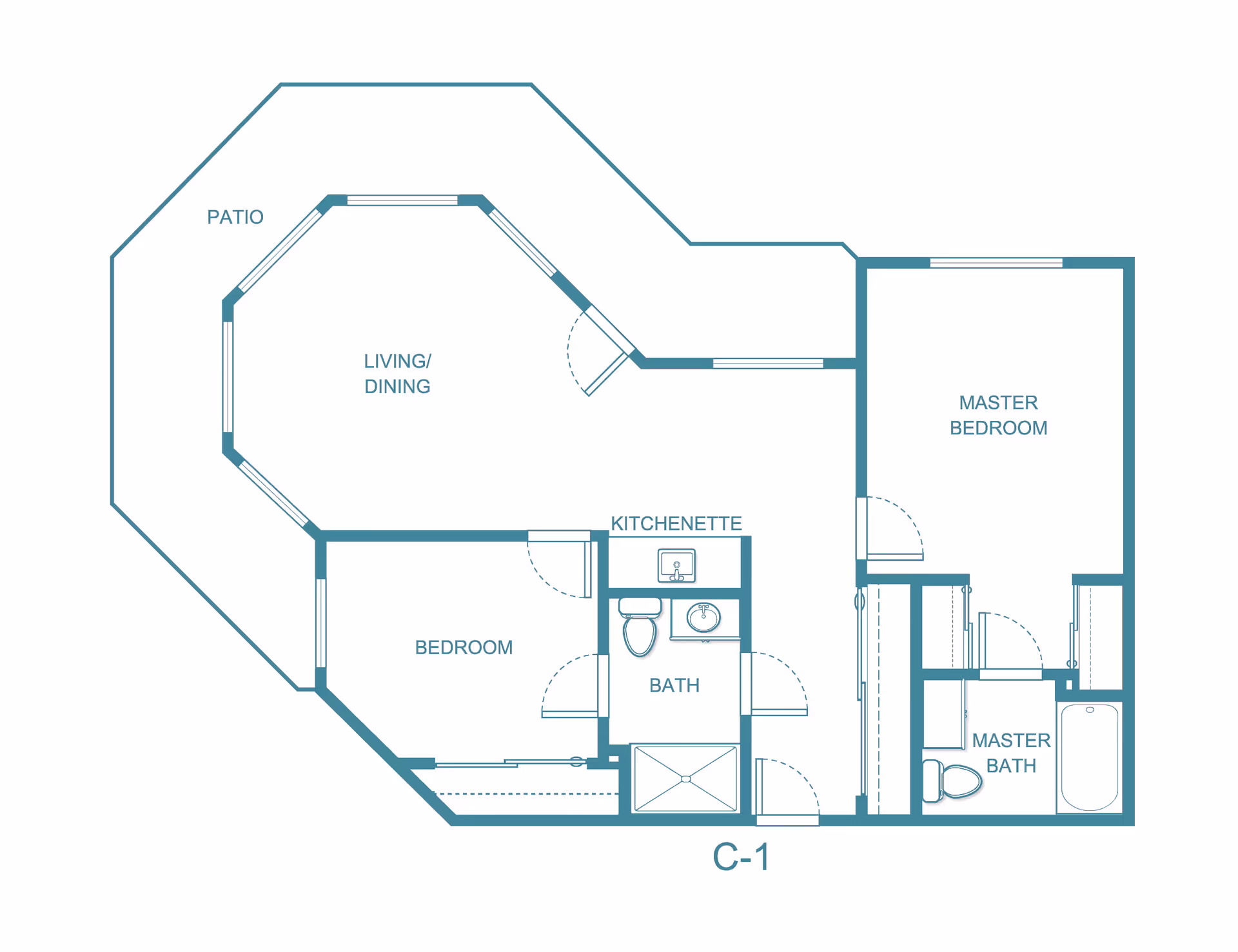 Architectural floor plan labeled C-1 showing a living/dining area with attached patio, a kitchenette, a bedroom, a master bedroom, and two bathrooms.