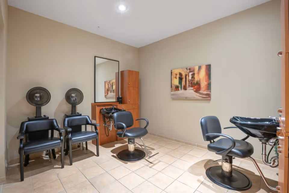 Interior of a small hair salon area with two black salon chairs, two black hair drying chairs with hooded dryers, a large mirror, a wooden cabinet, and a painting on the beige wall. The floor is tiled in a light color.