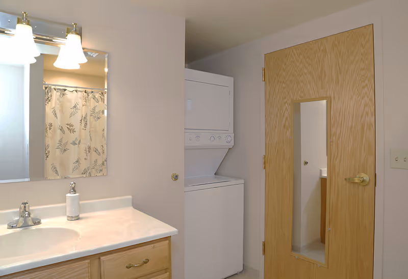 A bathroom with a sink and countertop on the left, a mirror above the sink with two light fixtures, a shower curtain with a leaf pattern visible in the mirror, a stacked washer and dryer unit in a recessed space, and a wooden door with a vertical rectangular mirror mounted on it.