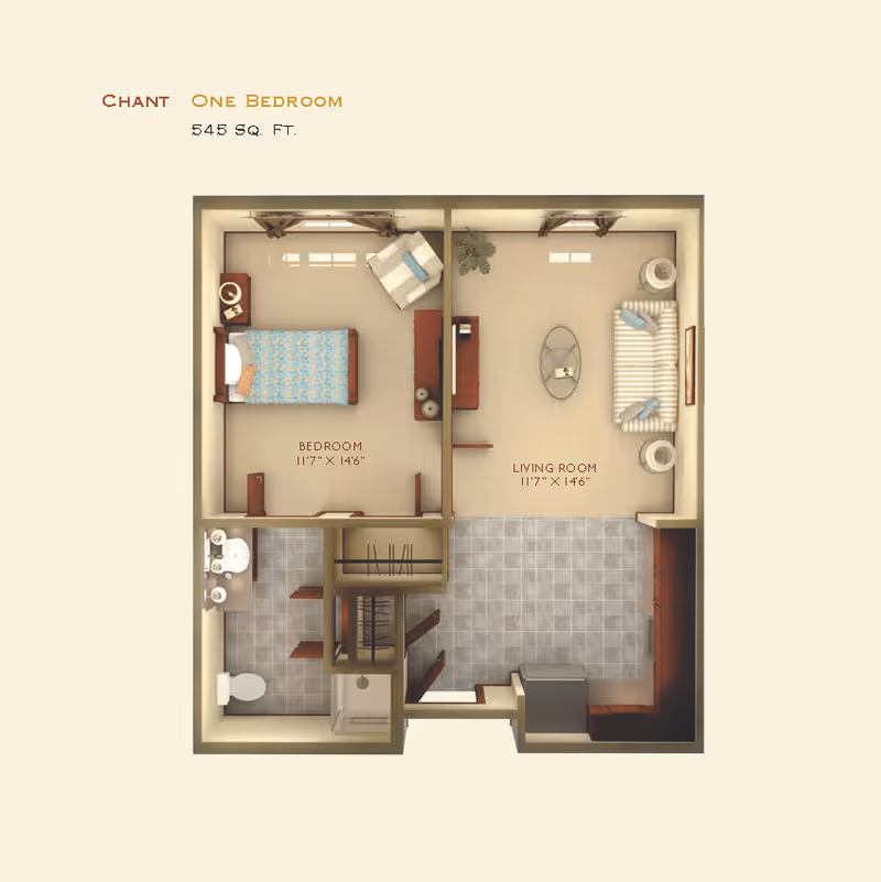 Floor plan of a one-bedroom apartment named Chant with 545 square feet. The layout includes a bedroom with a bed, chair, and dresser, a living room with a sofa, coffee table, and two side tables, a kitchen area with cabinets, and a bathroom with a toilet, sink, and shower.