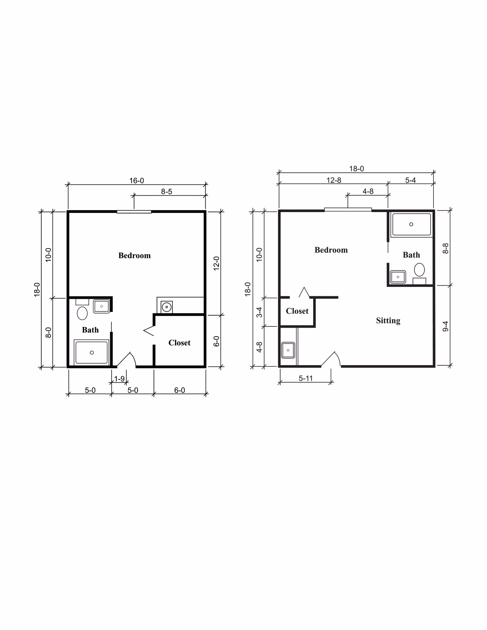 Architectural floor plan showing two layouts each with a bedroom, bath, and closet. The left layout includes a bedroom measuring 16 by 12 feet, a bath, and a closet. The right layout includes a bedroom, bath, closet, and a sitting area with detailed measurements.