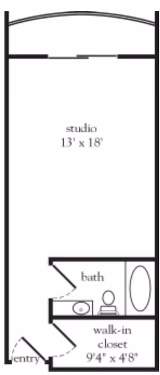 Floor plan of a studio apartment measuring 13 feet by 18 feet, with an entry area leading to a bathroom and a walk-in closet measuring 9 feet 4 inches by 4 feet 8 inches.