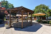 Sunny outdoor courtyard with a wooden gazebo, patio umbrellas, potted plants, and surrounding building facades.