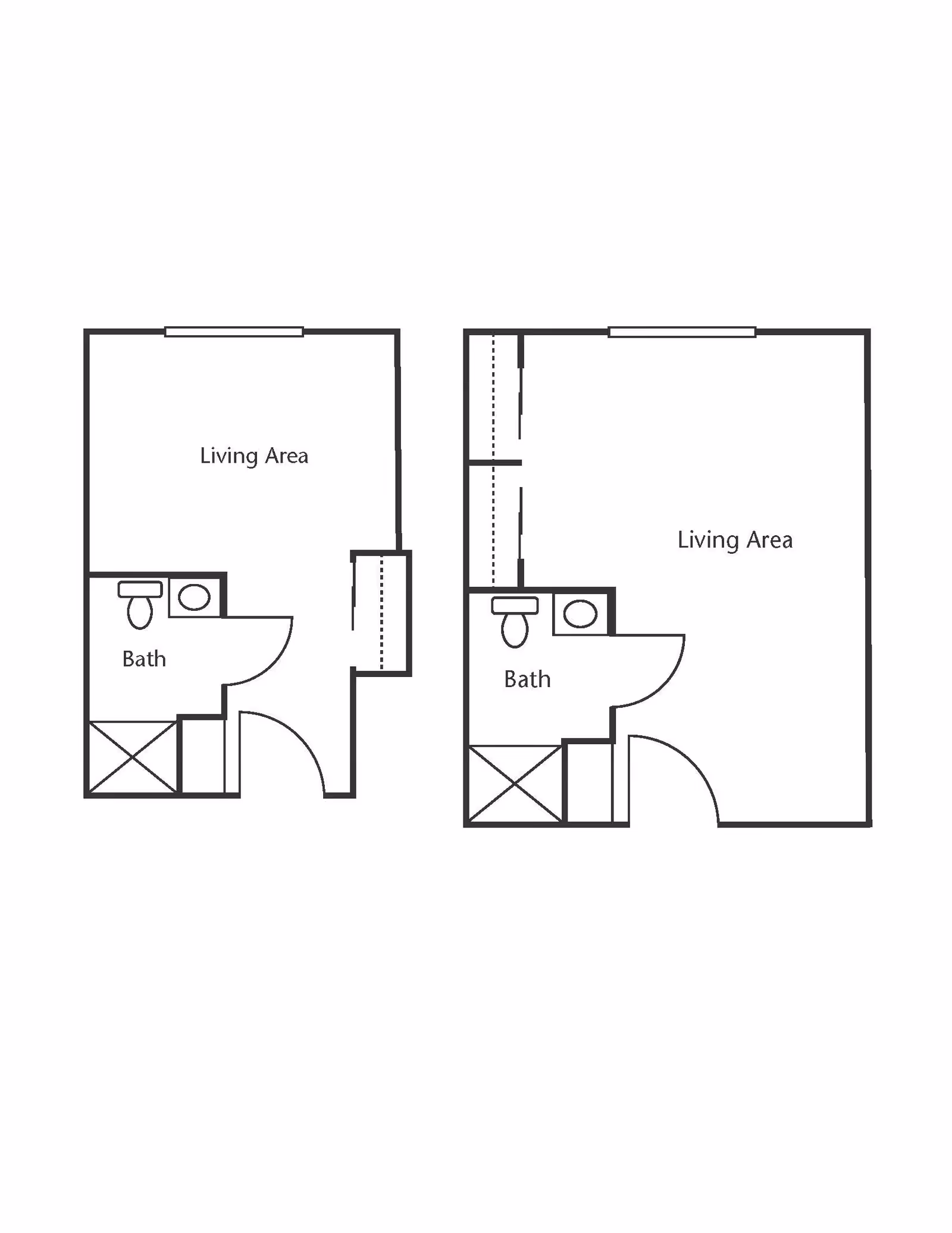 Two simple architectural floor plans showing layouts with a living area and a bathroom labeled 'Bath'. Each plan includes a toilet, sink, and shower area, with doors and windows indicated.