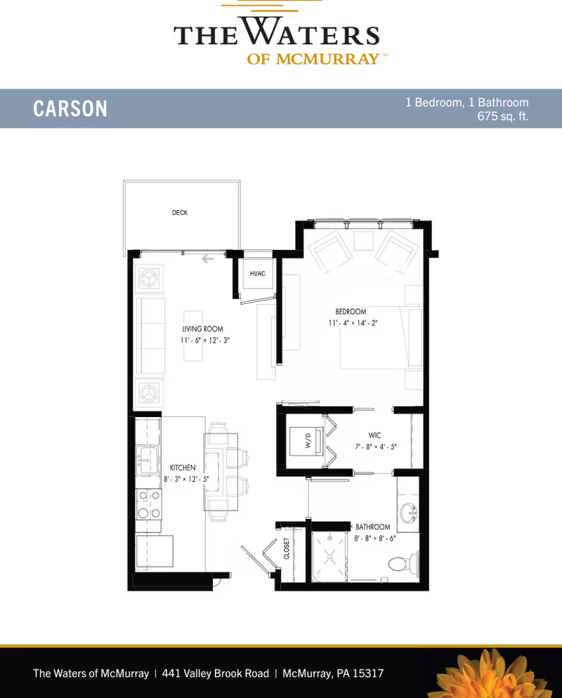 Floor plan of a one-bedroom, one-bathroom apartment named Carson at The Waters of McMurray. The layout includes a living room, kitchen with dining area, bedroom with walk-in closet, bathroom, HVAC closet, and a deck. Dimensions for each room are provided.
