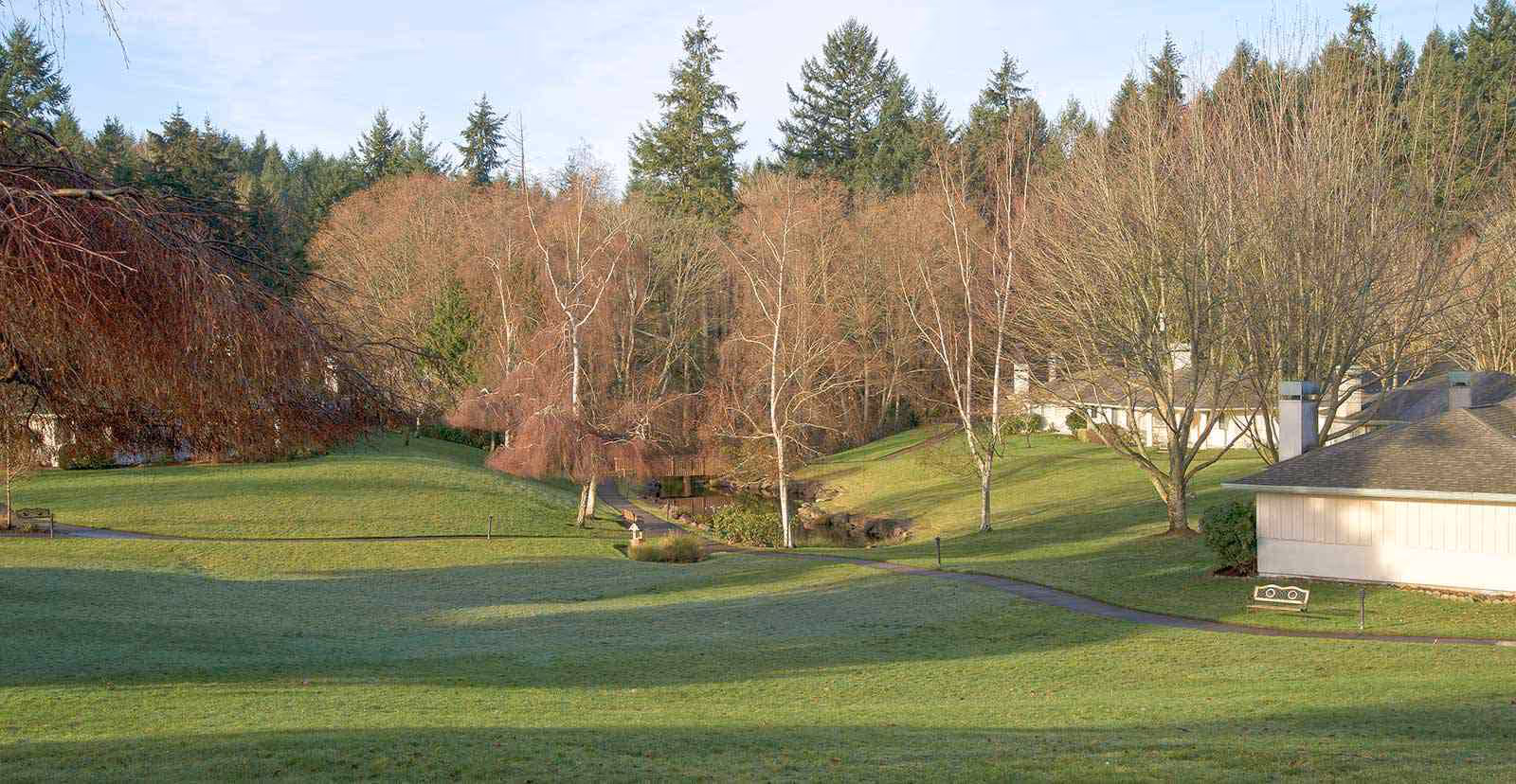 A peaceful outdoor scene at Solstice Senior Living at Point Defiance featuring a large grassy area with a paved walking path, leafless trees, and a small creek with a wooden bridge. There are buildings partially visible on the right side and in the background, surrounded by a forest of evergreen trees under a clear sky.