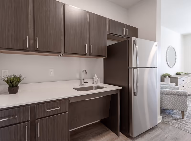 Modern kitchen area with dark wood cabinets, a stainless steel refrigerator, a small sink with a faucet, a soap dispenser, and a small potted plant on the countertop. In the background, part of a living room with a patterned armchair, a dresser, and a round mirror on the wall is visible.