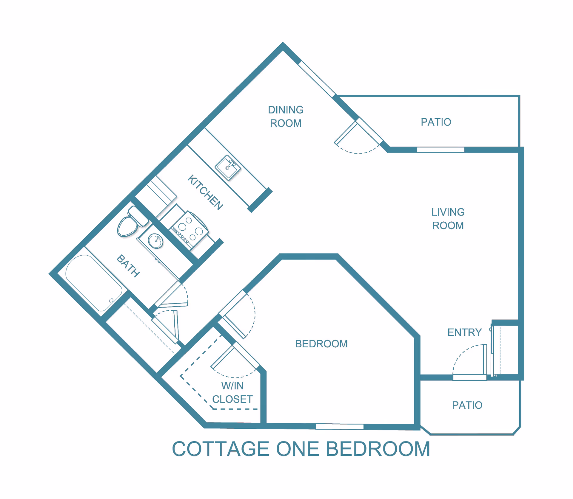 Floor plan of a one-bedroom cottage at Vista del Rio - A Provincial Senior Living Community, showing a bedroom with walk-in closet, bathroom, kitchen, dining room, living room, entry, and two patios.