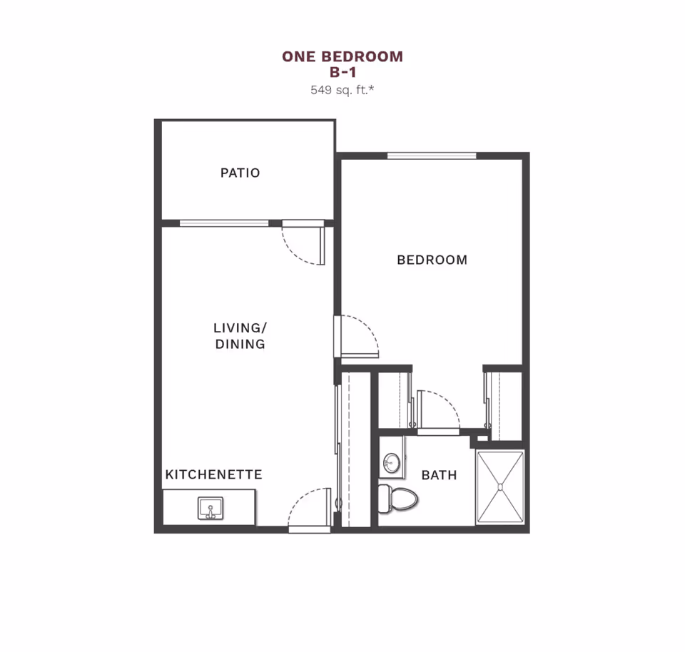 Floor plan of a one-bedroom apartment labeled B-1 with 549 square feet. The layout includes a patio, living/dining area, kitchenette, bedroom, and bathroom.