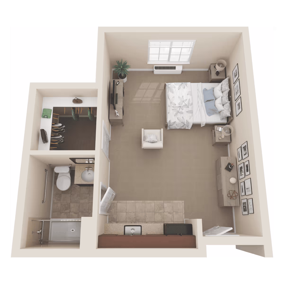 3D floor plan of a studio apartment featuring a combined bedroom and living area with a bed, armchair, TV on a stand, and dresser. The apartment includes a small kitchen area with a sink and countertop, a bathroom with a toilet, sink, and shower, and a walk-in closet with hanging clothes. There is a window on one wall and several framed pictures on another.