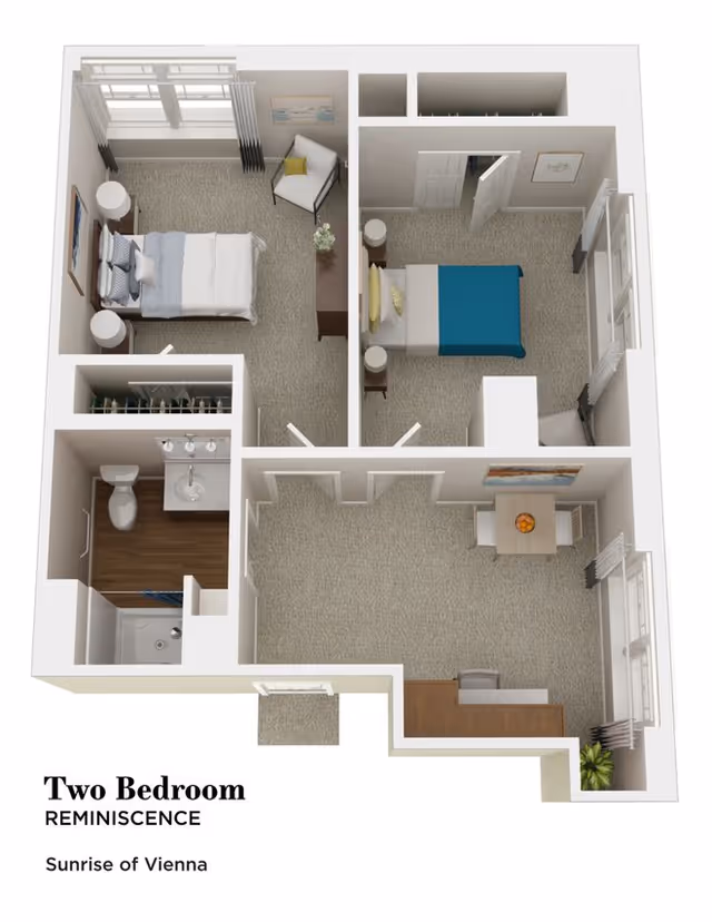 Rendered two-bedroom floor plan showing two bedrooms, a bathroom, living and dining areas, and a kitchen/entry.