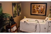 A walk-in bathtub in a warm-toned bathroom with decorative wall art, potted plants, and a small shelf holding towels and decor.