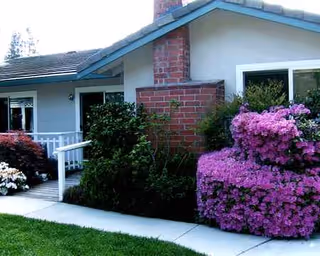 Exterior of Danville Paradise facility with pink flowering bushes beside the walkway.