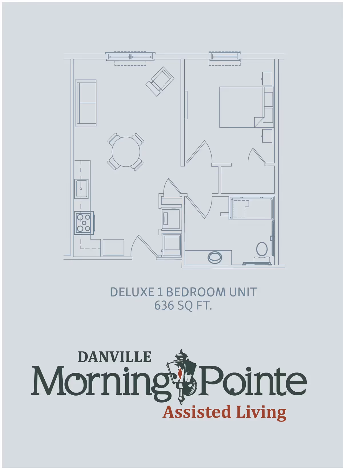 Blueprint-style floor plan of a deluxe one-bedroom assisted living unit (636 sq ft) with kitchen, living/dining area, bedroom and bathroom above the Morning Pointe logo.