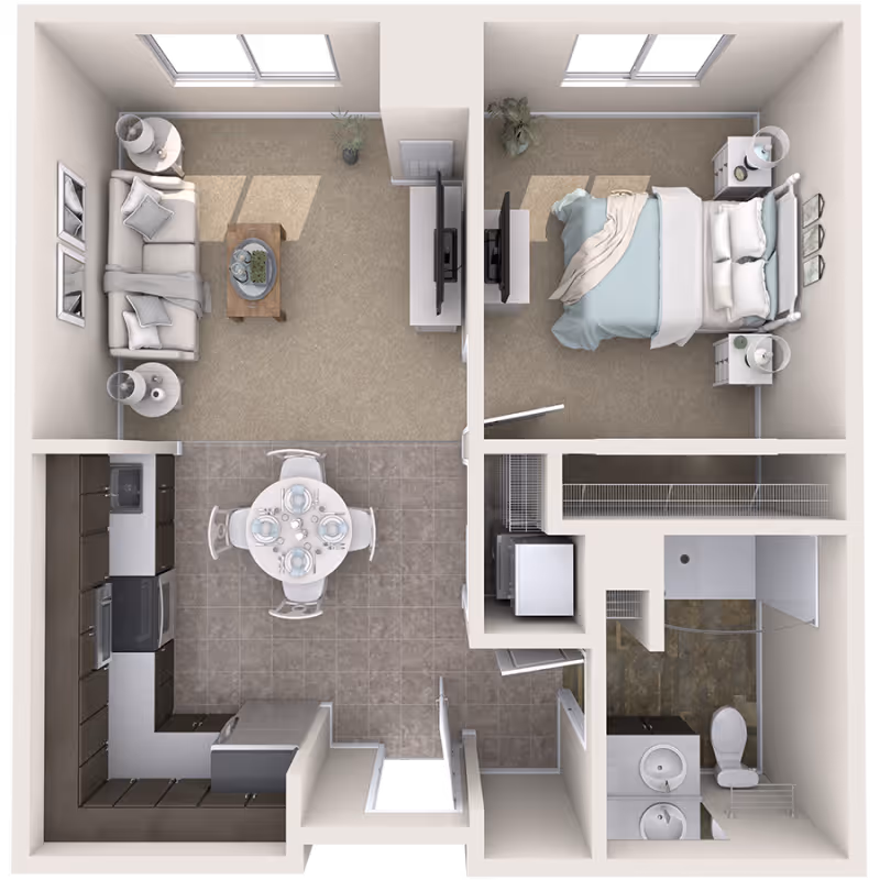 Top-down rendered one-bedroom apartment floor plan showing a living room, kitchen with dining area, bedroom, bathroom, and closets.