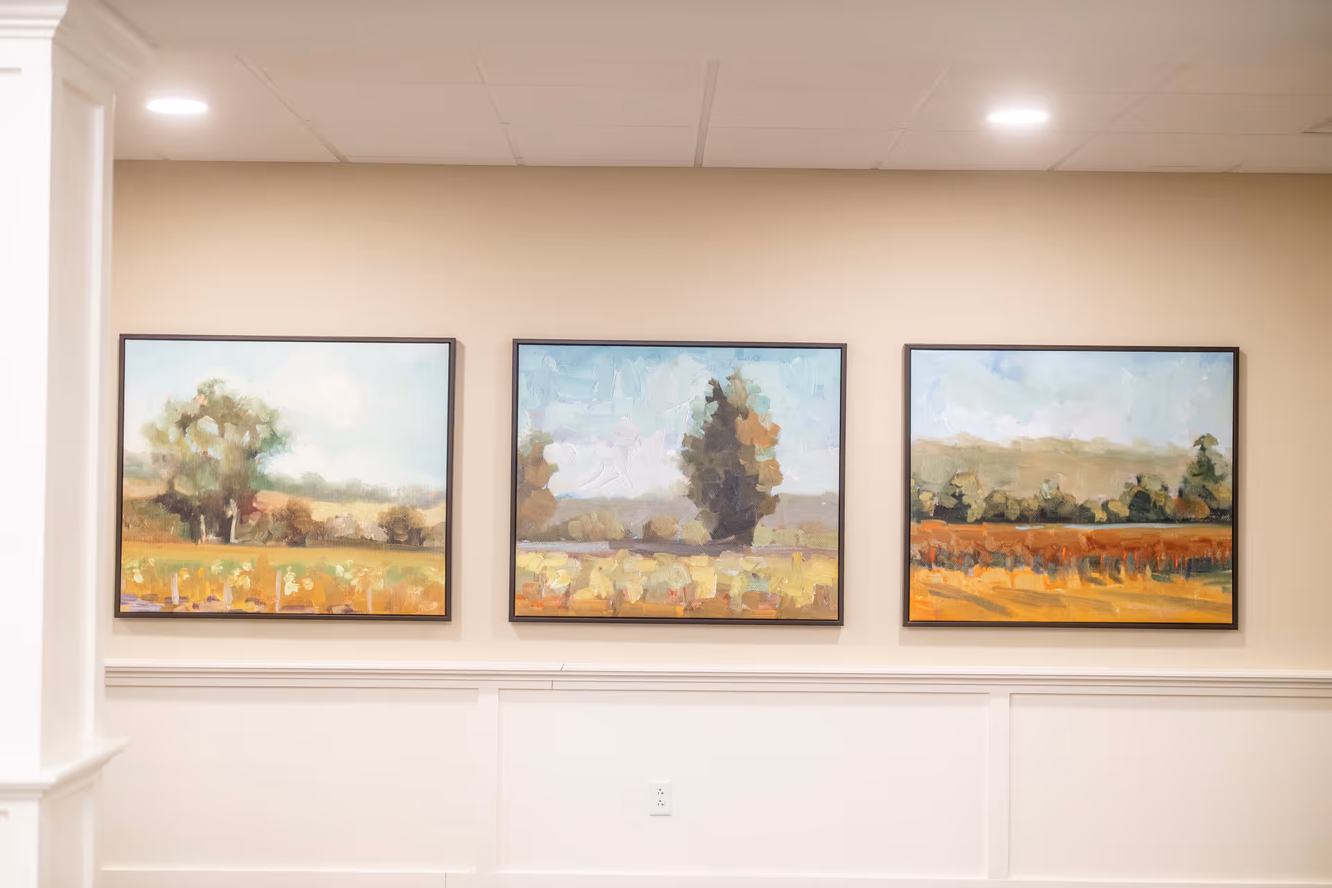 A beige interior wall displays three framed landscape paintings above white wainscoting.