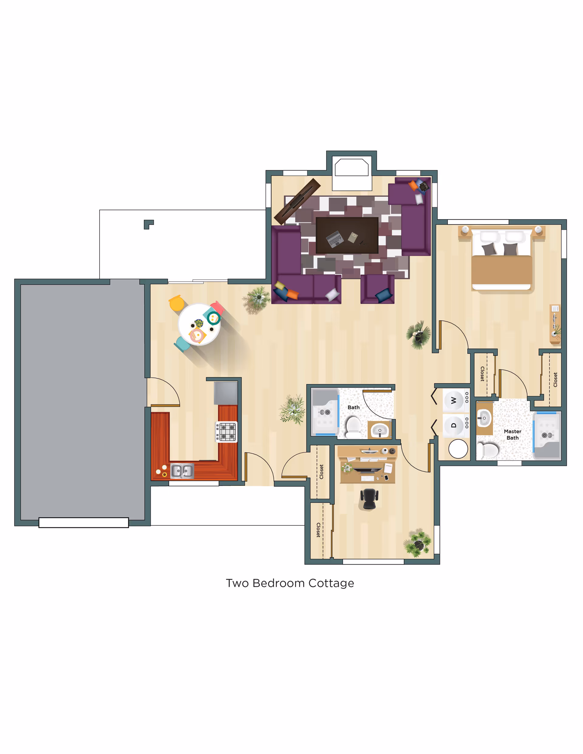 Floor plan of a two-bedroom cottage showing a kitchen with a dining table, a living room with purple sofas and a coffee table, two bedrooms including a master bedroom with an attached bathroom, a second bathroom, a small office area, closets, and a garage.