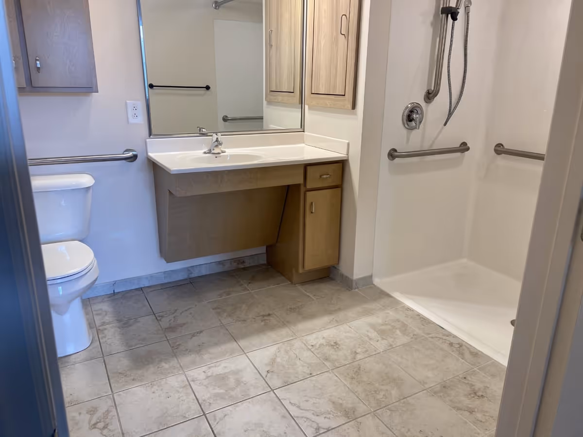 A clean bathroom with a toilet, a sink with a large mirror above it, wooden cabinets, and a walk-in shower equipped with grab bars and a handheld showerhead. The floor is tiled with light-colored tiles.