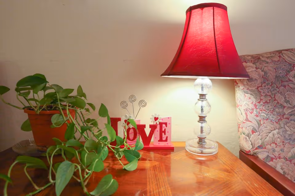 Wooden bedside table with a red-shaded lamp, a potted trailing plant, and a decorative 'LOVE' sign beside a floral upholstered headboard.