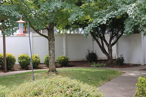 A peaceful outdoor garden area with green grass, bushes, and trees. A white fence encloses the space, and a bird feeder hangs from a pole near a tree. A concrete pathway curves through the garden.