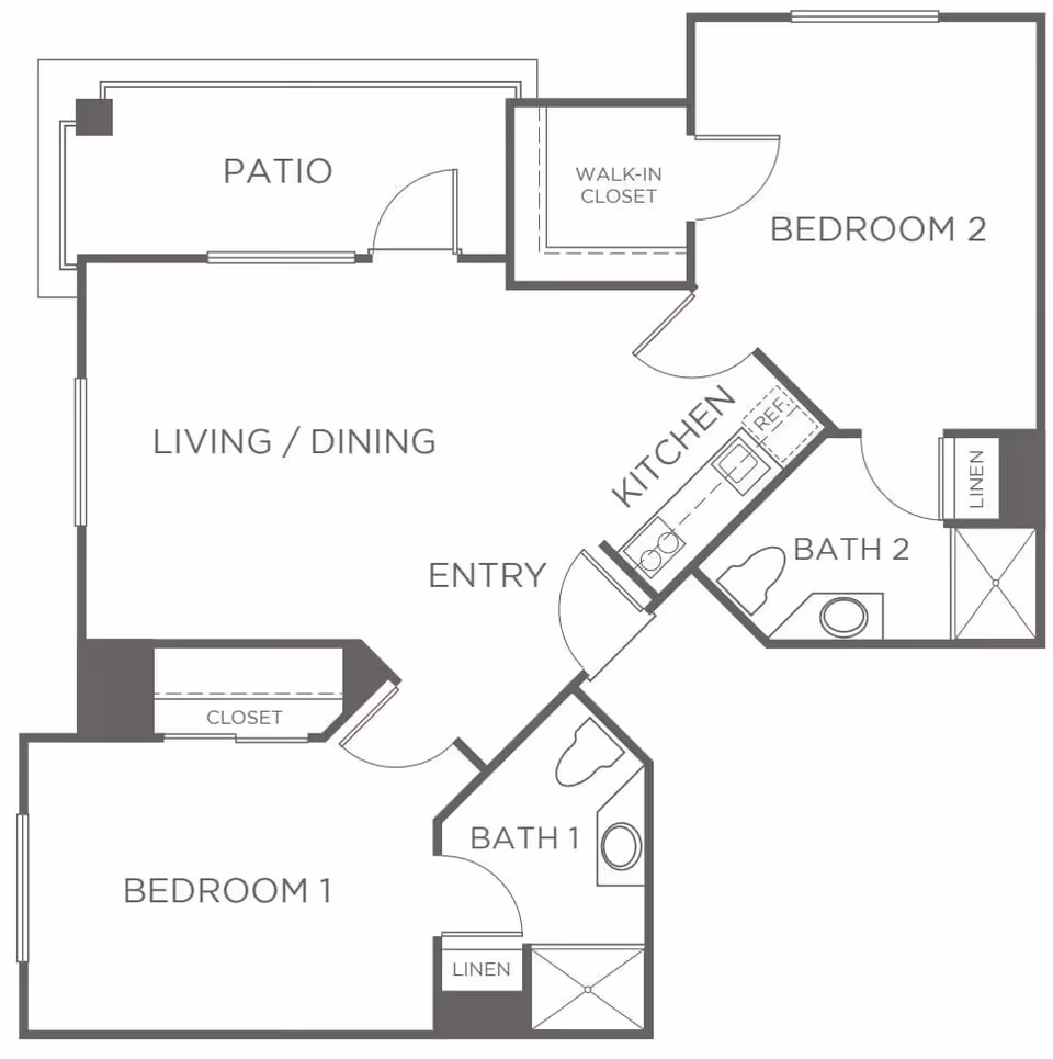 Architectural floor plan of a residential unit at Park Terrace showing two bedrooms, two bathrooms, a kitchen, a living/dining area, an entry, closets, linen storage, and a patio.