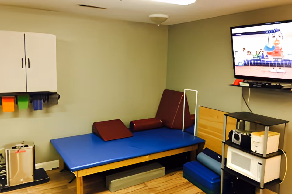 A therapy or treatment room with a blue padded treatment table featuring red cushions and a backrest. On the right side, there is a black shelving unit holding a microwave, a small stereo, and a white container. A TV mounted on the wall is playing an animated show. On the left wall, there is a white cabinet with colorful bins underneath. The room has light green walls and wooden flooring.