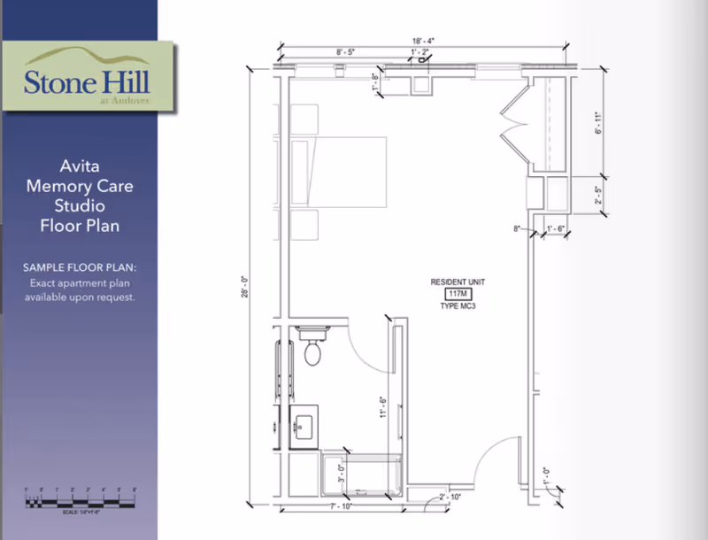 Studio memory care apartment floor plan drawing with a purple left sidebar featuring the Stone Hill at Andover logo and text.