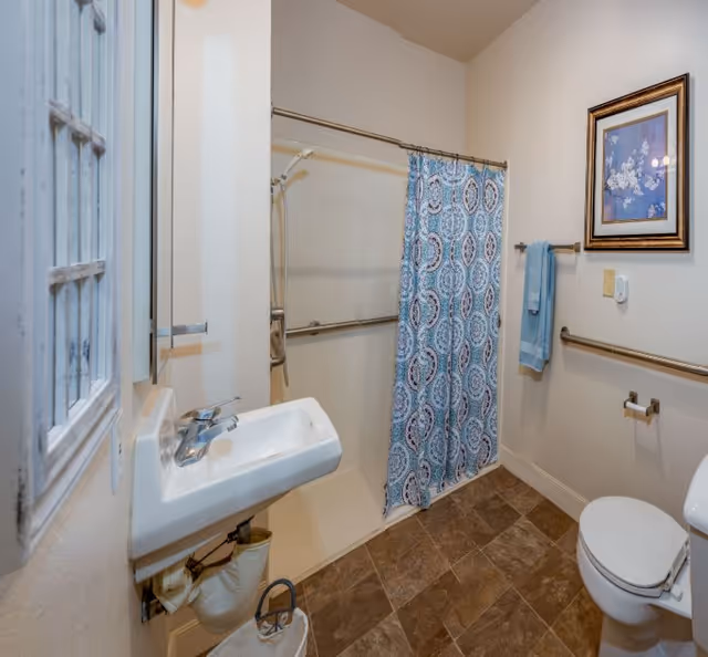 A bathroom with a white sink, a toilet, and a shower area with a blue patterned shower curtain. The walls are light-colored, and there are grab bars installed near the shower and toilet. A blue towel hangs on a towel rack, and a framed floral picture is on the wall. The floor has brown tiles.
